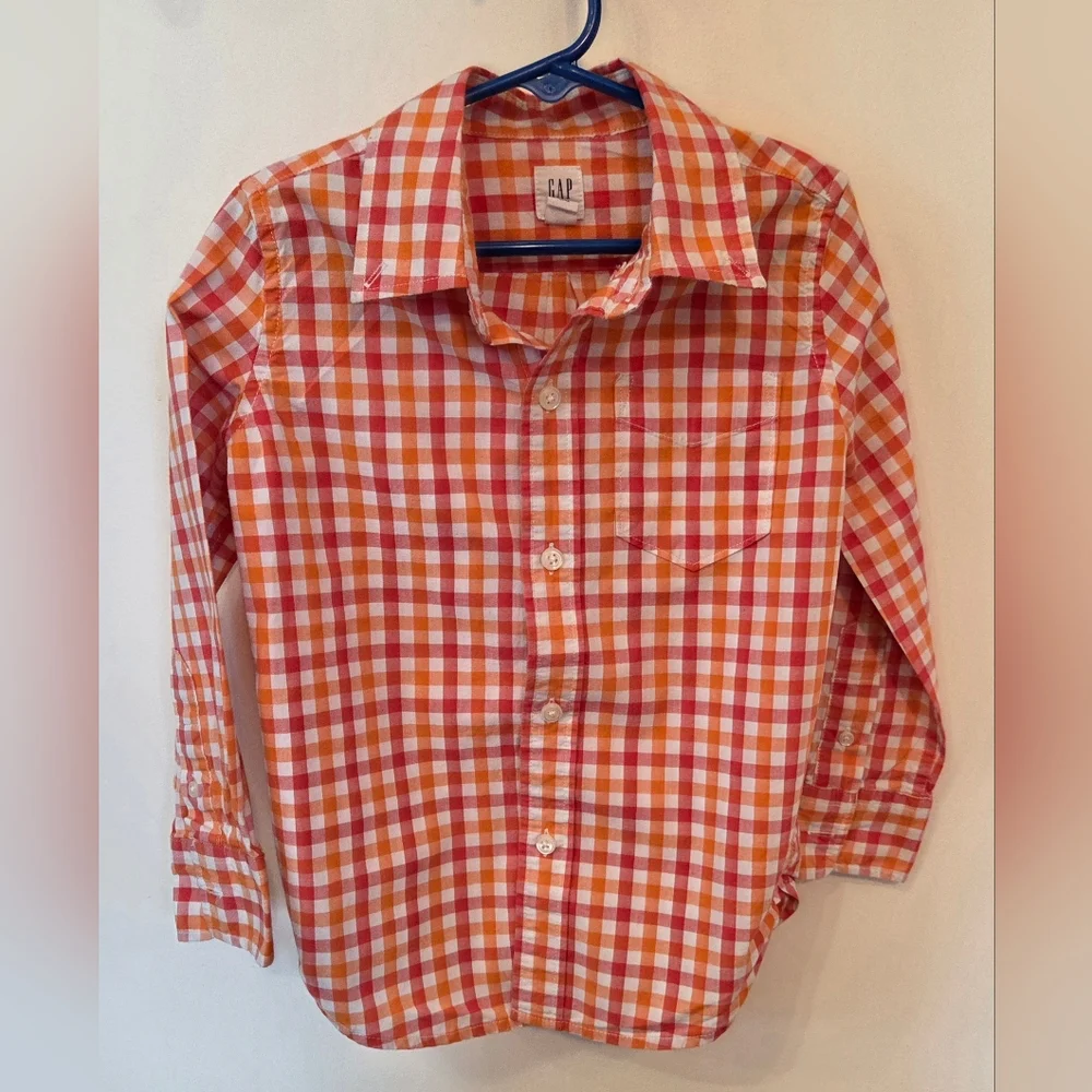 Gap Kids Orange Check Long Sleeve Shirt Size XS (4-5) Boys 100% Cotton